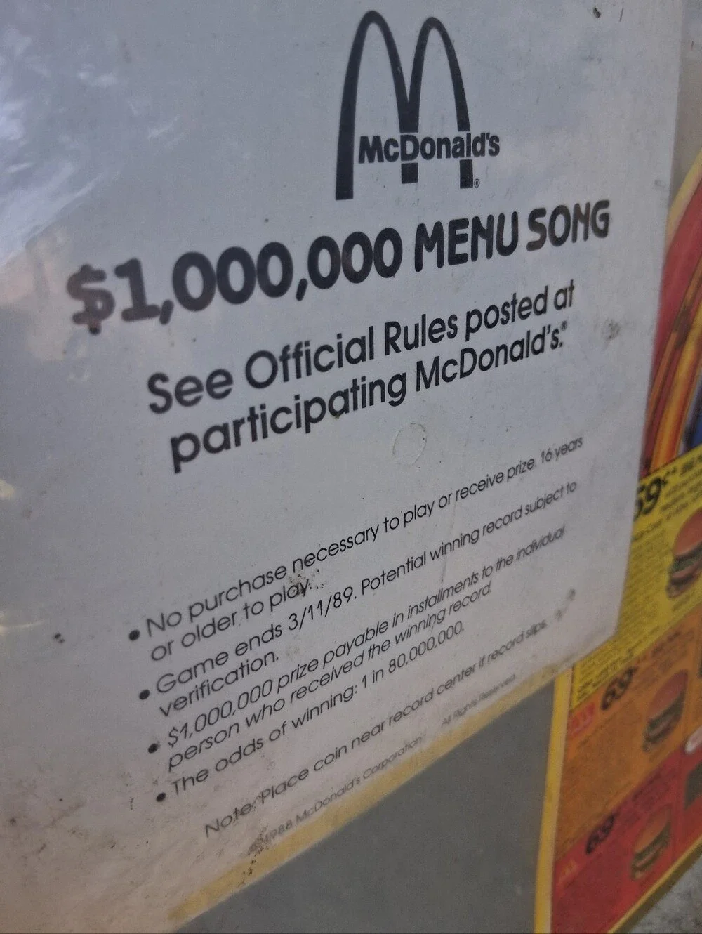McDonald's Yellow & Red Jukebox-Style $1,000,000 Menu Song Record
